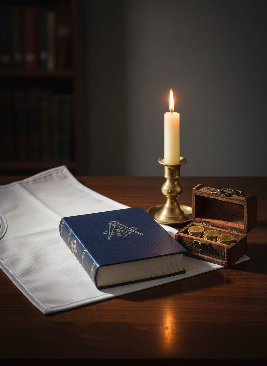 A symbolic still life representing Freemasonry and charity, composed on a dark walnut tabletop. At the center lies a closed navy-blue leather-bound book embossed with a gold square and compasses, beside a small, ornate wooden chest slightly ajar with a few neatly stacked gold coins visible inside. A white lambskin apron, immaculately pressed with a subtle sheen, is folded nearby, its satin edge catching the light. A lit pillar candle in a brass holder casts warm, steady illumination, creating long, soft shadows and delicate reflections on the coins and brass. The background is intentionally subdued and softly blurred. Photographic realism, eye-level framing, and balanced composition convey a mood of integrity, charity, and quiet service.