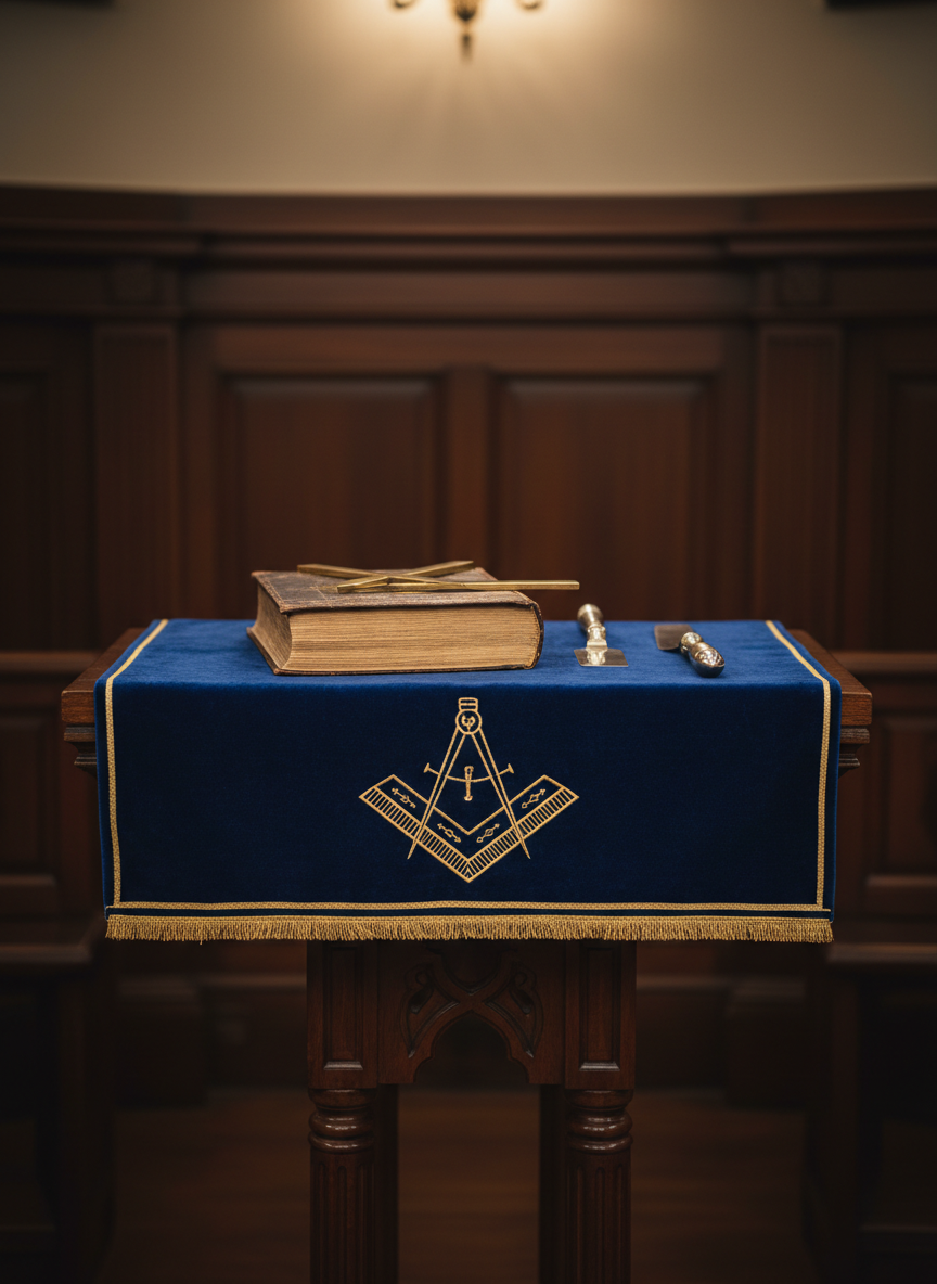 A meticulously arranged Masonic altar featuring a polished dark-wood pedestal topped with a deep blue velvet cloth embroidered with gold square and compasses. Resting on the cloth is an open, leather-bound holy book with gilded page edges, a brass compass and square placed precisely across the pages, and a gleaming silver trowel nearby. The scene is set in a dignified lodge room with paneled wood walls and subtle architectural molding, softly blurred in the background. Warm, diffused overhead lighting creates gentle highlights on the metallic symbols and the book’s gilding, casting calm, orderly shadows. Photographic realism, eye-level composition, and moderate depth of field convey a professional, reverent atmosphere aligned with tradition, morality, and solemn instruction.