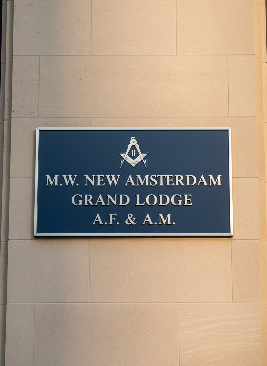 A refined exterior sign concept for the M.W. New Amsterdam Grand Lodge A.F. & A.M., featuring a deep blue enameled metal plaque mounted on a smooth light-stone wall. The plaque displays the lodge name in crisp, raised silver lettering, with a prominent silver square and compasses emblem centered above the text. The stone wall has subtle texture and clean mortar lines, hinting at a stately urban building. Soft late-afternoon natural light grazes the surface from the right, producing gentle shadows in the engraved details and a dignified sheen on the enamel and metal. Captured straight-on with sharp focus and minimal background distractions, the photographic image feels formal, welcoming, and institutionally professional.