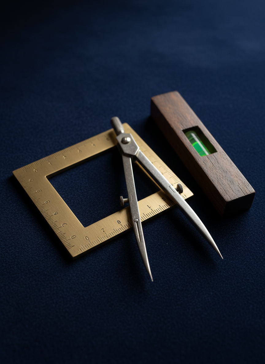 A close-up, photographic image of three Masonic working tools—the square, compasses, and level—carefully arranged on a smooth, dark navy velvet background. The square is brushed brass with finely etched degree markings, the compasses are polished steel with subtly worn tips, and the level features a small glass vial with a luminous green bubble. Soft side lighting from the left creates crisp highlights along the metal edges and soft shadows that fade into the background, giving a sense of depth and gravitas. The composition uses rule of thirds with a shallow depth of field, allowing the foreground tools to be in sharp focus while the velvet texture gradually blurs, evoking precision, morality, and careful craftsmanship.