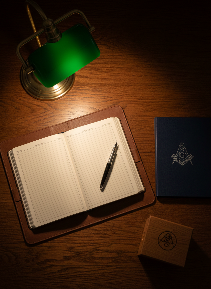 An overhead, photographic view of a neatly organized wooden lodge secretary’s desk symbolizing order and service. A vintage-style, dark oak desk surface supports a leather writing pad, an open ledger with clean lined pages, a metal fountain pen set diagonally across the paper, and a navy-blue folder embossed with a subtle silver square and compasses. A brass desk lamp with a green glass shade casts warm, focused pool lighting over the workspace, while the edges of the desk gently fall into softer shadow. In the corner rests a small, closed wooden donation box with a simple carved emblem. The composition is balanced and orderly, with crisp detail and a calm, studious atmosphere reflecting administrative care and integrity.