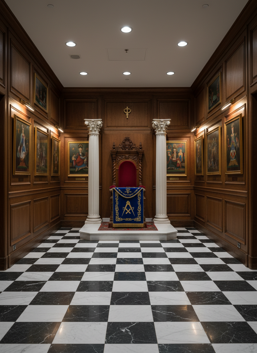 A dignified Masonic lodge interior captured in photographic realism, showcasing an empty central checkerboard floor of black and white marble tiles leading toward an elevated East dais. On the dais sits an ornate wooden chair and a pedestal draped in royal blue fabric bearing an embroidered square and compasses. Fluted columns stand at the entrance to the altar area, and framed symbols hang evenly along the paneled side walls. Soft, even ceiling lighting and subtle wall sconces create a calm, respectful glow with gentle reflections on the polished floor. Shot from a slightly elevated centerline perspective for strong symmetry, the composition emphasizes order, discipline, and quiet contemplation, suitable for a professional, educational Masonic site.
