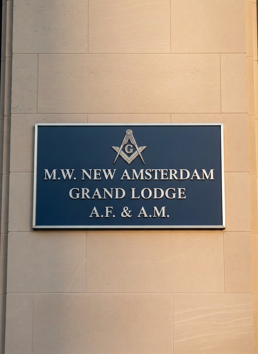 A refined exterior sign concept for the M.W. New Amsterdam Grand Lodge A.F. & A.M., featuring a deep blue enameled metal plaque mounted on a smooth light-stone wall. The plaque displays the lodge name in crisp, raised silver lettering, with a prominent silver square and compasses emblem centered above the text. The stone wall has subtle texture and clean mortar lines, hinting at a stately urban building. Soft late-afternoon natural light grazes the surface from the right, producing gentle shadows in the engraved details and a dignified sheen on the enamel and metal. Captured straight-on with sharp focus and minimal background distractions, the photographic image feels formal, welcoming, and institutionally professional.
