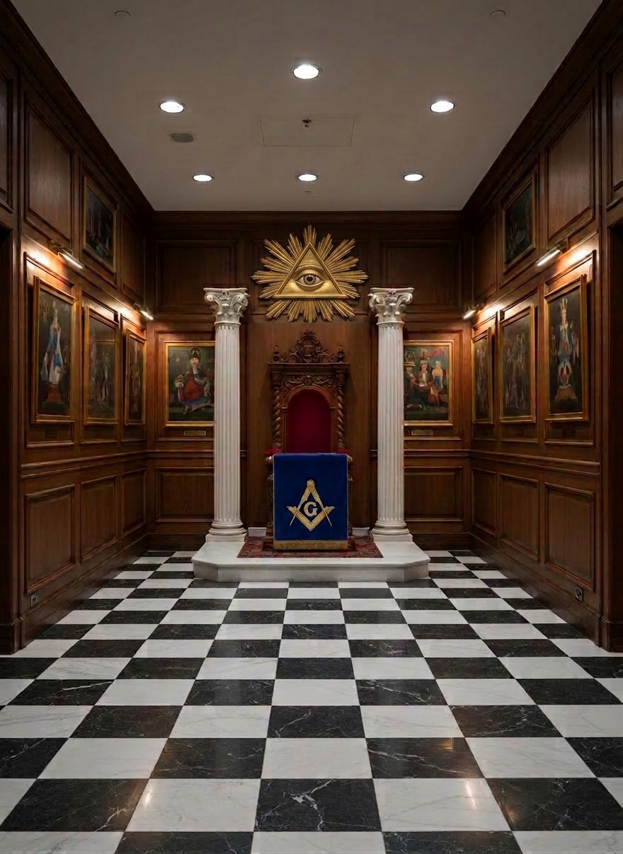 A dignified Masonic lodge interior captured in photographic realism, showcasing an empty central checkerboard floor of black and white marble tiles leading toward an elevated East dais. On the dais sits an ornate wooden chair and a pedestal draped in royal blue fabric bearing an embroidered square and compasses. Fluted columns stand at the entrance to the altar area, and framed symbols hang evenly along the paneled side walls. Soft, even ceiling lighting and subtle wall sconces create a calm, respectful glow with gentle reflections on the polished floor. Shot from a slightly elevated centerline perspective for strong symmetry, the composition emphasizes order, discipline, and quiet contemplation, suitable for a professional, educational Masonic site.